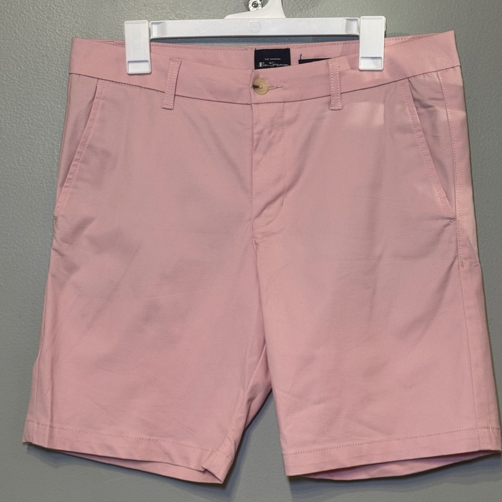 Ben Sherman Mens 32W Stretch Fit Chino Shorts Pink Cotton Blend Flat Front 8.5in